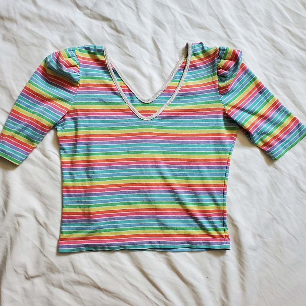 Vintage rainbow striped crop top 3/4 sleeves